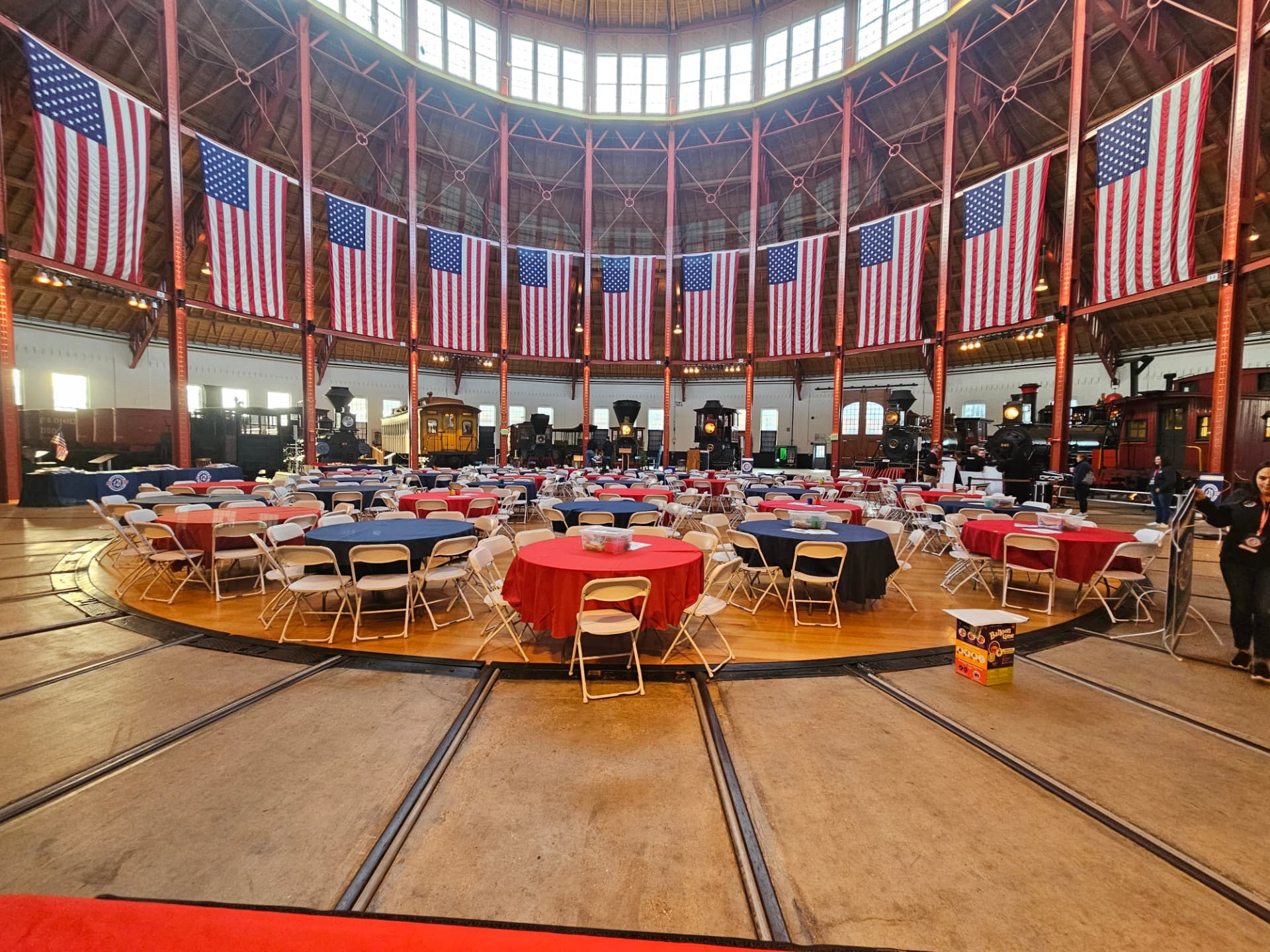 Roundhouse banquet setup at the B&O Railroad Museum